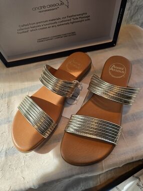 New!! Andre Assous Metallic Silver and Tan Double-Strap Slide Sandals Size 7